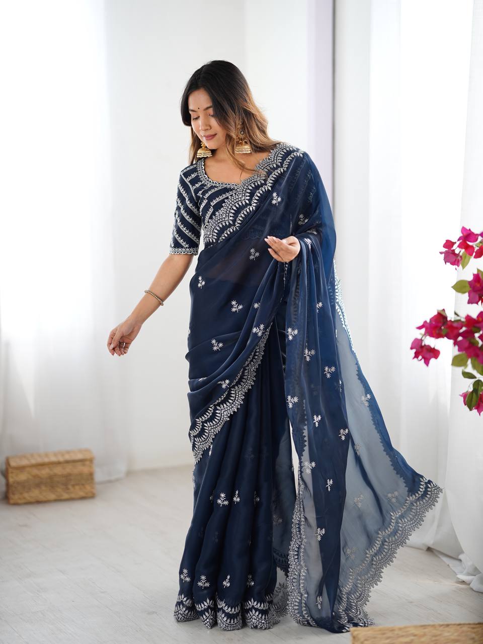 Women's Elegant Regal Purple Georgette Saree with Intricate Silver Thread & Sequin Embroidery – Complete with Embellished Blouse Piece for Festive & Party Wear - Image 11